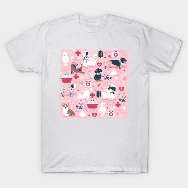 Veterinary medicine, happy and healthy friends // pastel pink background red details navy blue white and brown cats dogs and other animals T-Shirt by SelmaCardoso